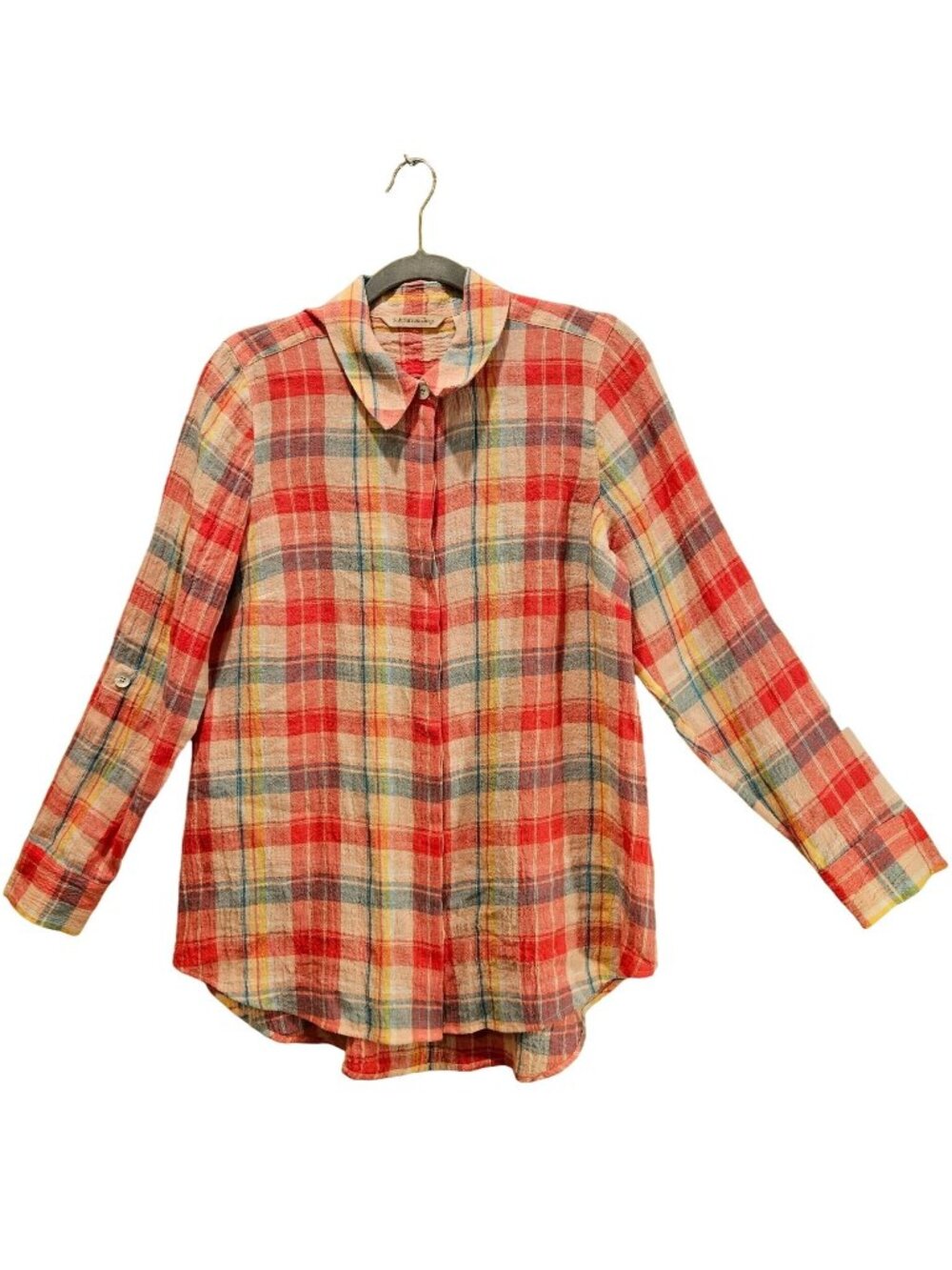 Soft Surroundings Blouse womens S colorful plaid linen tabs mother pearl button